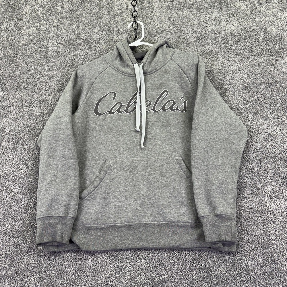 Cabela's Hoodie Womens Medium Gray Fleece Pullover Script Logo Kangaroo Pocket